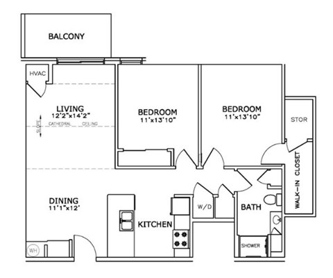 Floor plan for 2 beds, 1 bath, 955 sqft